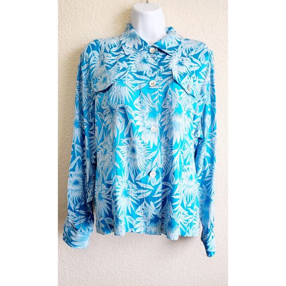 Chico's Tessa Jacket Turquoise White Floral Print Button 2 Large New With Tags - Picture 1 of 4